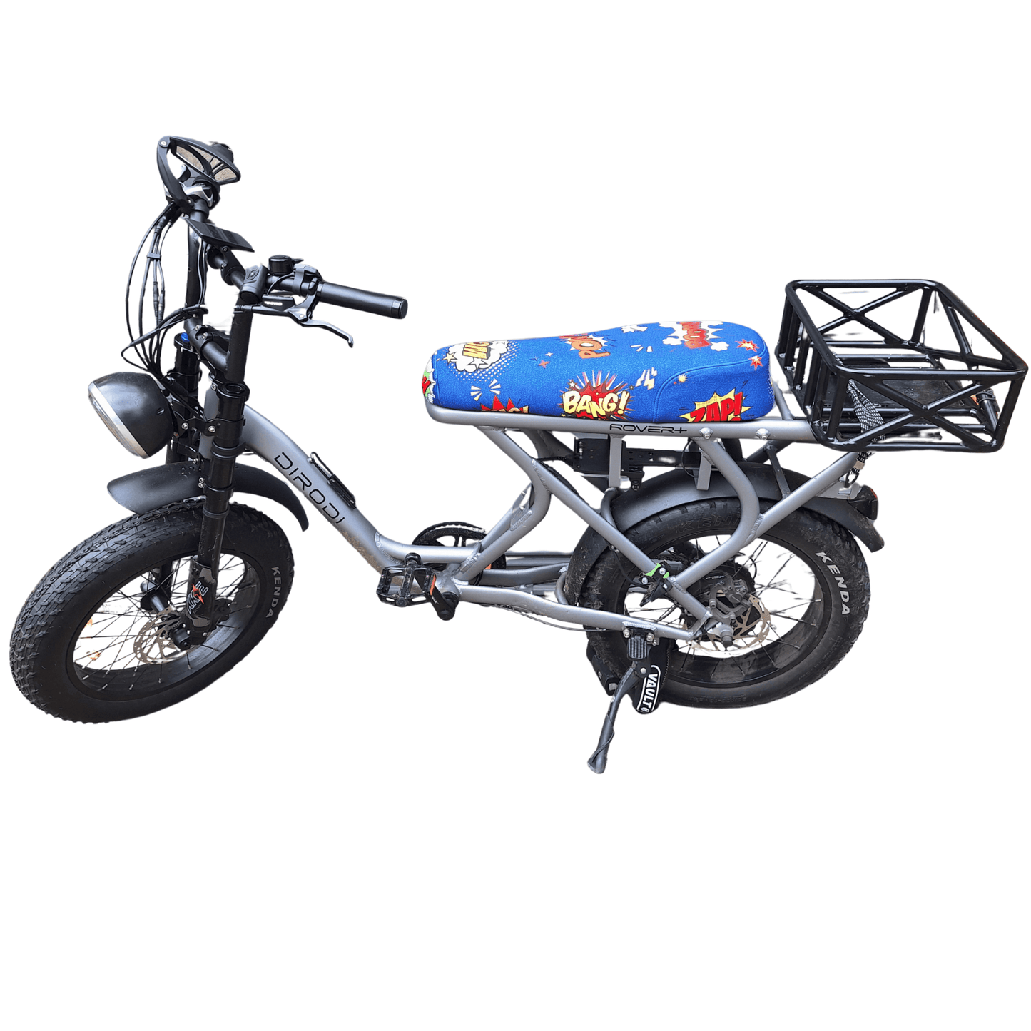 Comic Blast DiroDi Rover, Stator, Ampd Bros & Fatboy seat cover with vibrant comic-style graphics, soft neoprene, and bum protection for bold, comfy rides.