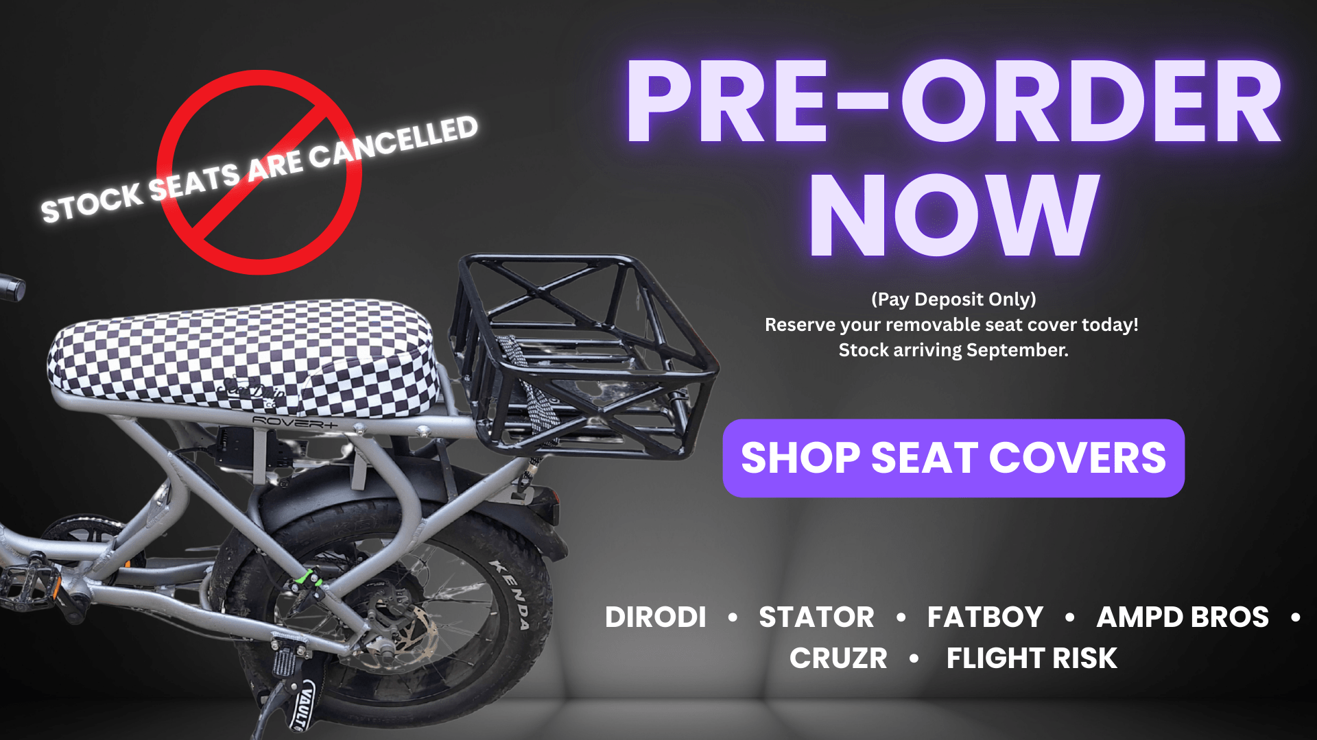 Pre Order removable seat covers for DiroDi Rover, Stator, Fatboy, Ampd Bros Cruzr & Flight Risk E-Bikes