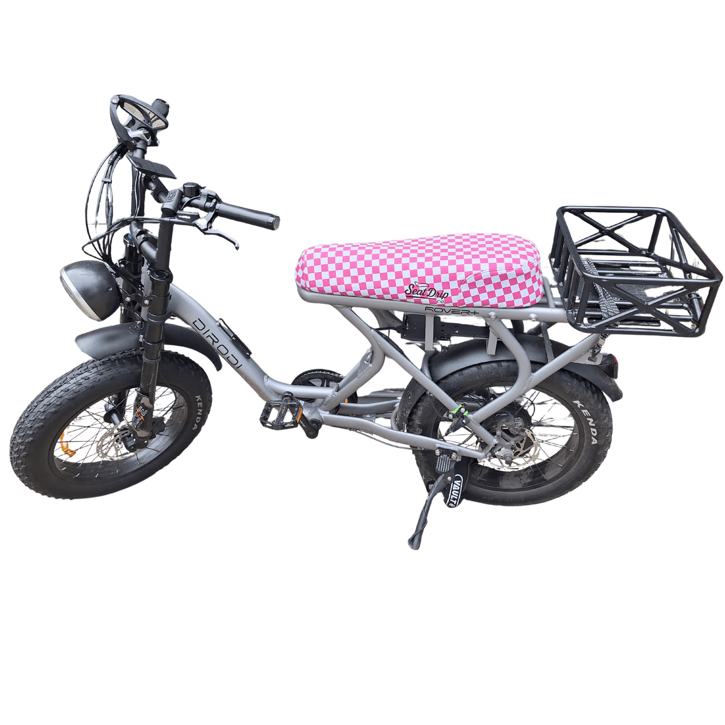 Bubblegum Checkered DiroDi Rover seat cover with bold style, soft neoprene, and bum protection for comfy, eye-catching rides.