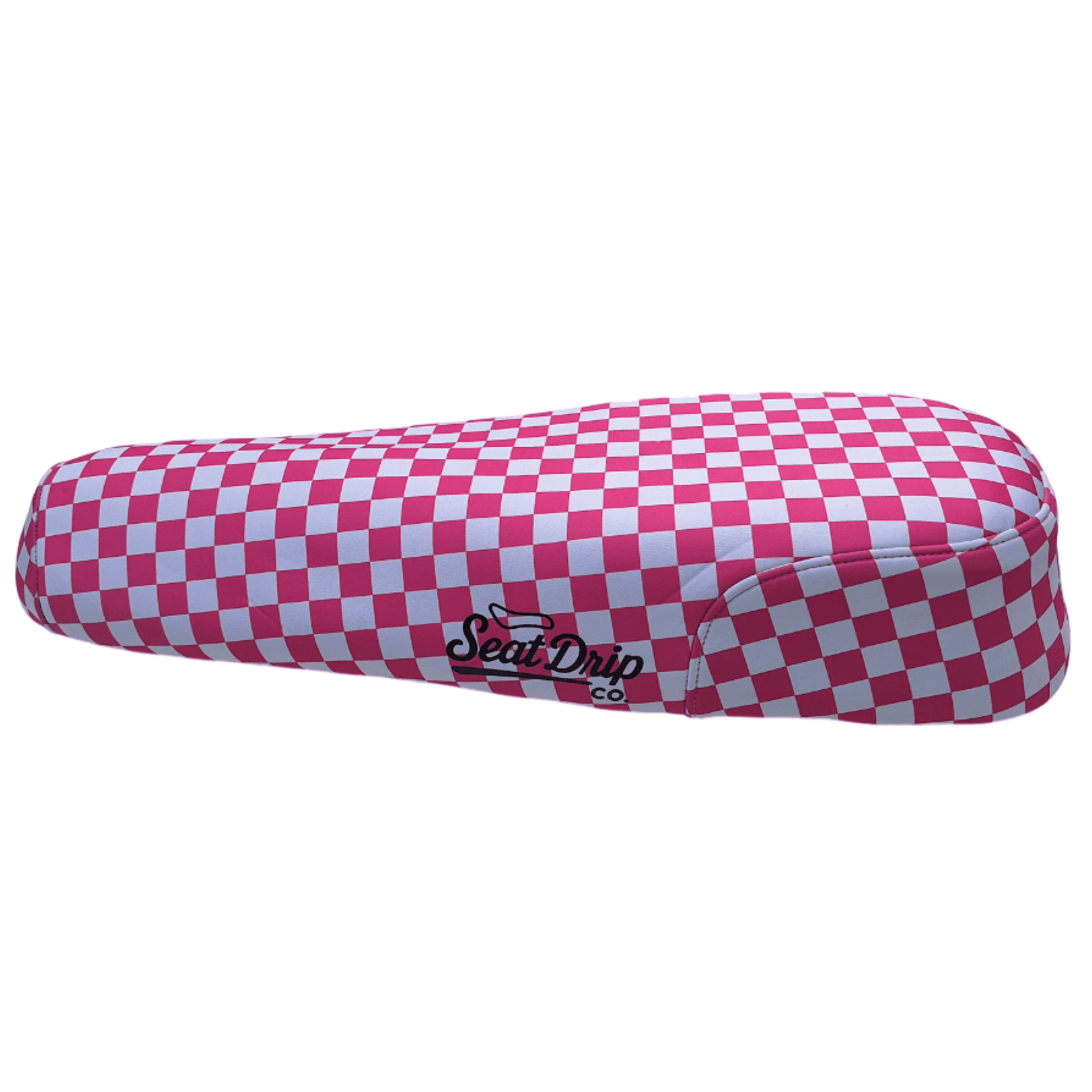 Bubblegum Checkered DiroDi Rover seat cover with bold style, soft neoprene, and bum protection for comfy, eye-catching rides.