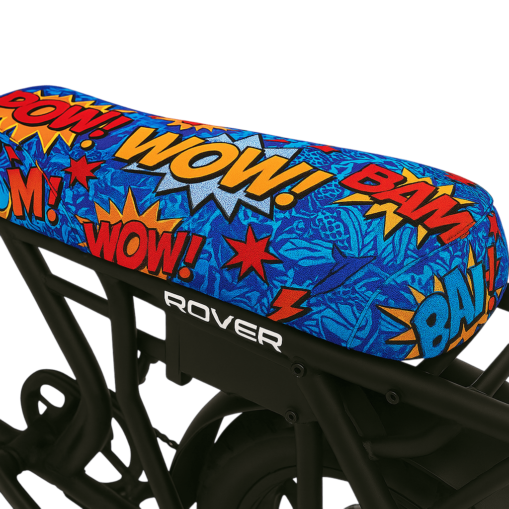 Comic Blast DiroDi Rover seat cover with vibrant comic-style graphics, soft neoprene, and bum protection for bold, comfy rides.