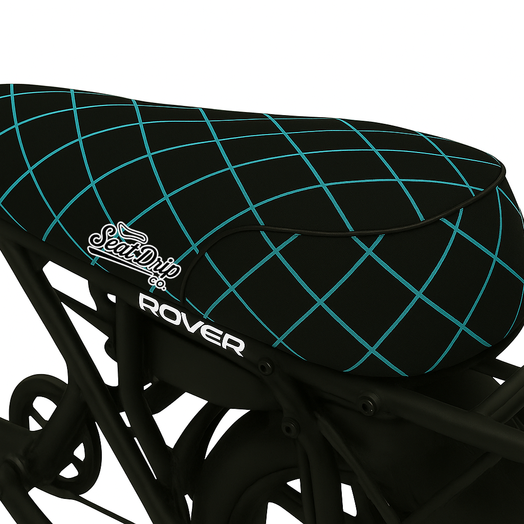 Diamond Aqua DiroDi Rover seat cover with stunning diamond pattern, soft neoprene, and bum protection for bold, comfy rides.