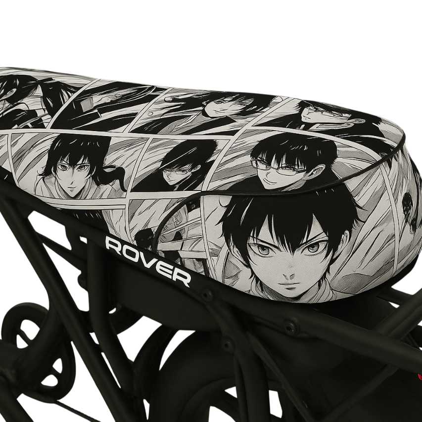 Manga Rush DiroDi Rover seat cover with bold manga graphics - stylish, comfy, and protects your bum from the hot Aussie sun.