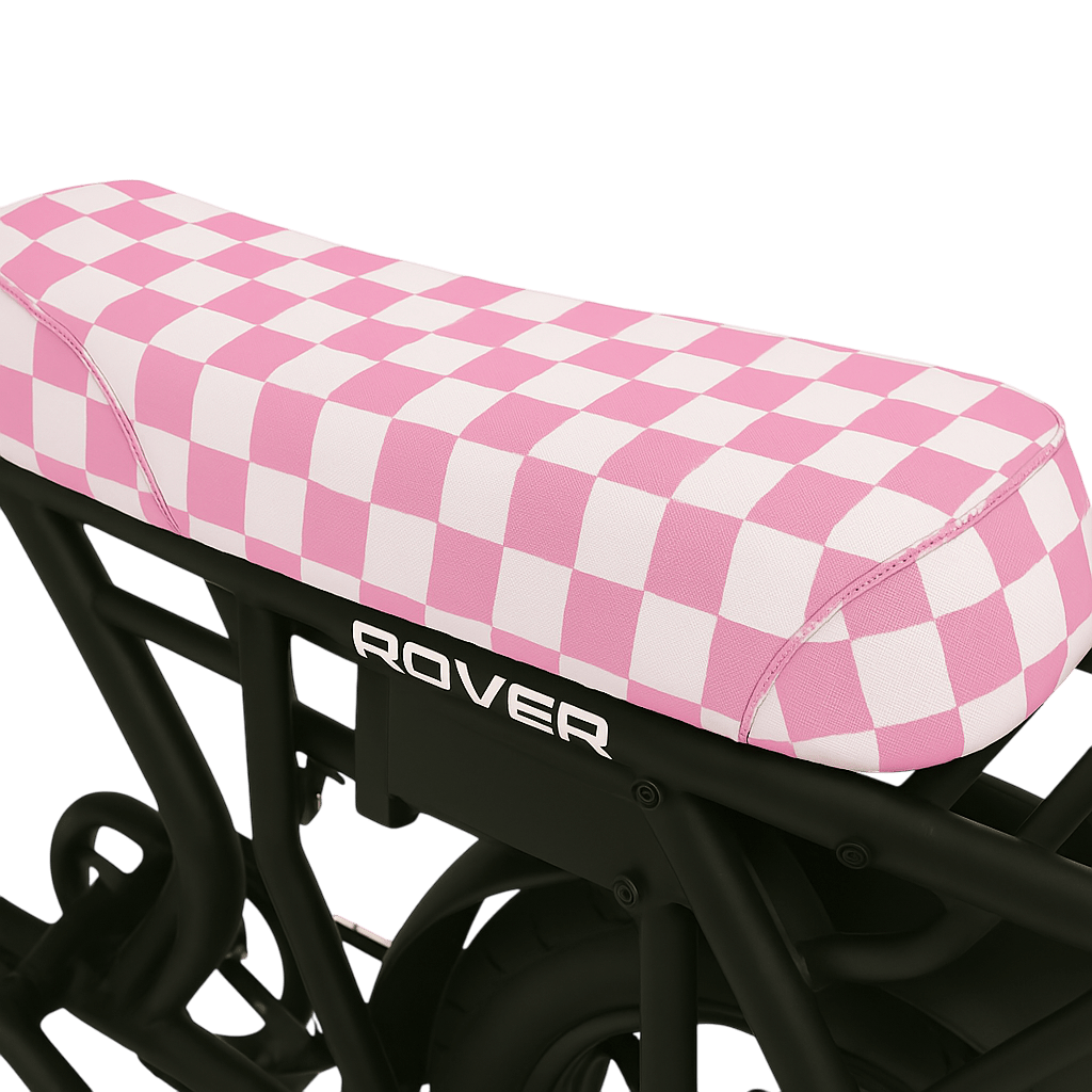 Bubblegum Checkered DiroDi Rover seat cover with bold style, soft neoprene, and bum protection for comfy, eye-catching rides.